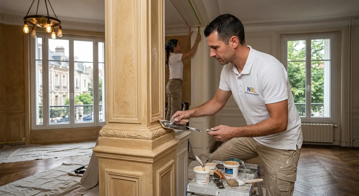 Application d'un enduit décoratif patiné sur une colonne dans un appartement ancien de Rueil-Malmaison par NBL Peinture & Finitions